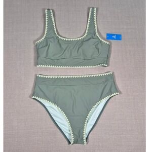 Cupshe Womens XL Sage Green Scalloped Crochet Trim High Waisted Bikini Set‎ NEW